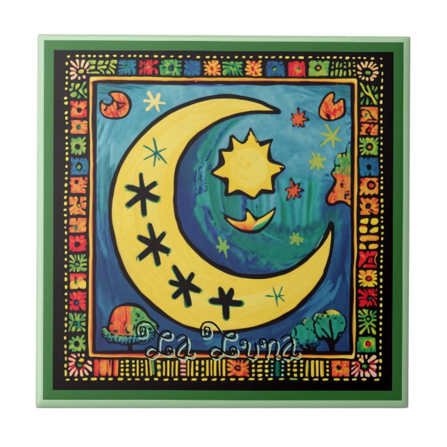 Azulejo Huichol Loteria Tile Cerámico: La Luna Tile Cerámi (Frente)