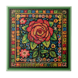 Azulejo Huichol Loteria Tile Cerámico: La Rosa Tile Cerámi