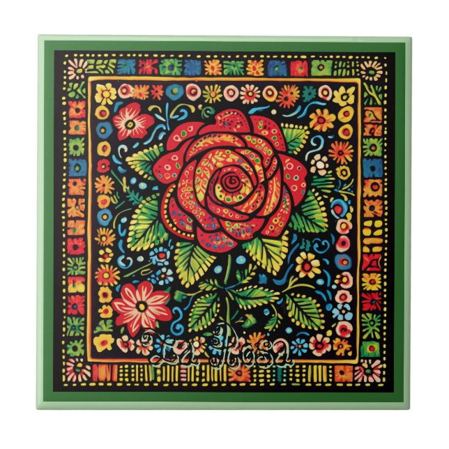 Azulejo Huichol Loteria Tile Cerámico: La Rosa Tile Cerámi (Frente)