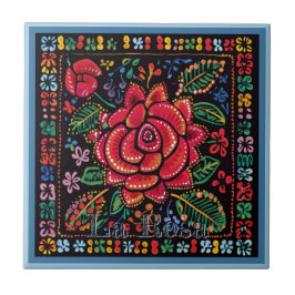 Azulejo Huichol Loteria Tile Cerámico: La Rosa Tile Cerámi