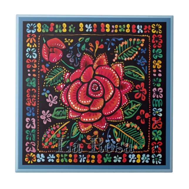Azulejo Huichol Loteria Tile Cerámico: La Rosa Tile Cerámi (Frente)