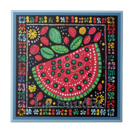 Azulejo Huichol Loteria Tile Cerámico: La Sandia Tile