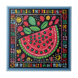 Azulejo Huichol Loteria Tile Cerámico: La Sandia Tile