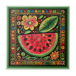 Azulejo Huichol Loteria Tile Cerámico: La Sandia Tile