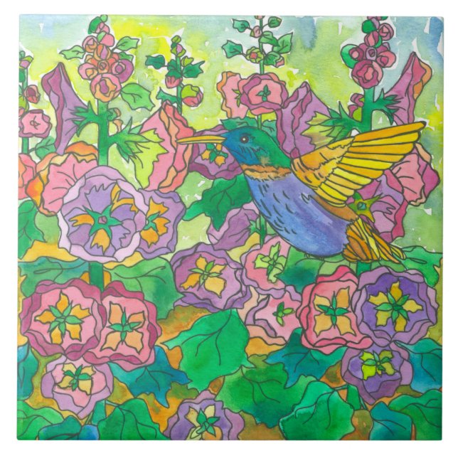 Azulejo Hummingbird Hollyhocks Flores de jardín rosado (Frente)