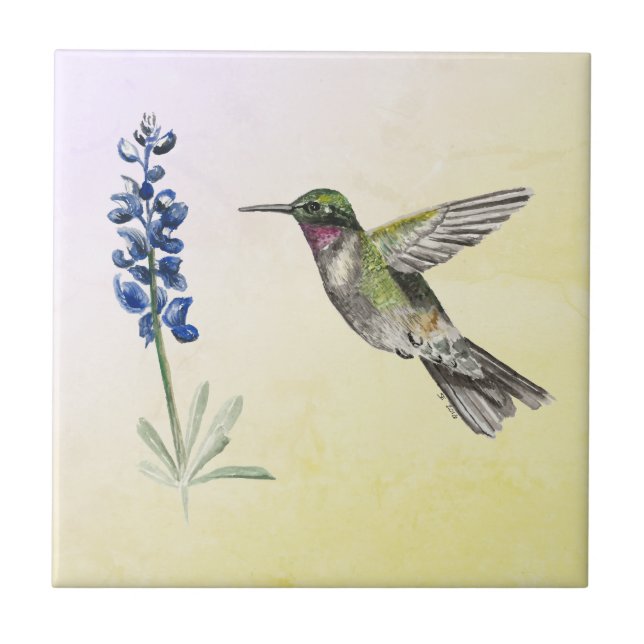 Azulejo Hummingbird y Bluebonnet en rosa y amarillo (Frente)
