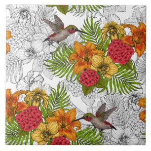 Azulejo Hummingbirds y el ramo tropical