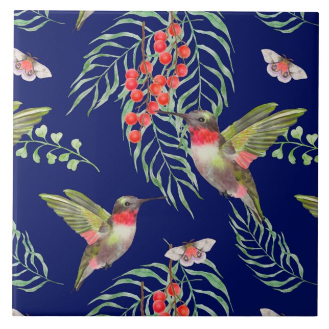 Azulejo Hummingbirds y Mariposas Patrón tropical azul (Frente)