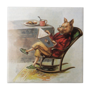 Azulejo Humor Antiguo, Cerdo en Silla Mecedora Leyendo un