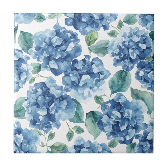 Azulejo Hydrangea Blues | Patrón de flores de acuarela (Frente)