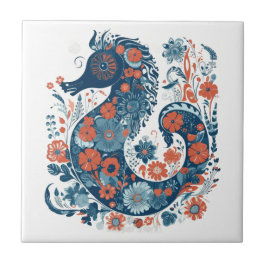 Azulejo Hygge Blue Floral Seahorse Scandinavian Folk Art