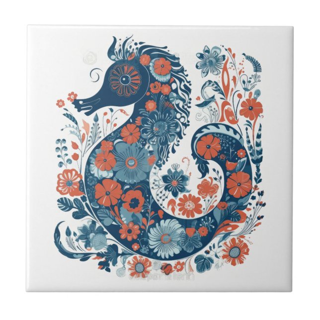 Azulejo Hygge Blue Floral Seahorse Scandinavian Folk Art (Frente)