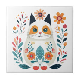 Azulejo Hygge White Flower Cat Arte Escandinavo Folclórico