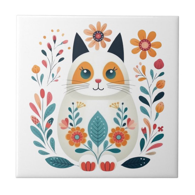 Azulejo Hygge White Flower Cat Arte Escandinavo Folclórico (Frente)