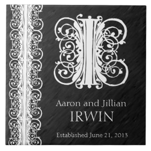 Azulejo i Monograma "Lazo blanco sobre negro" Boda Tile