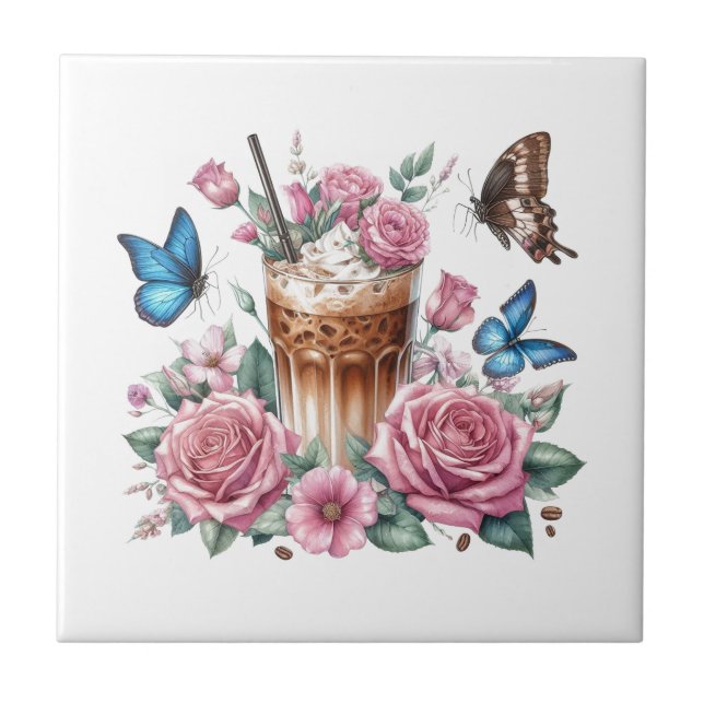 Azulejo Iced Coffee & Butterfly Floral Ceramic Tile (Frente)
