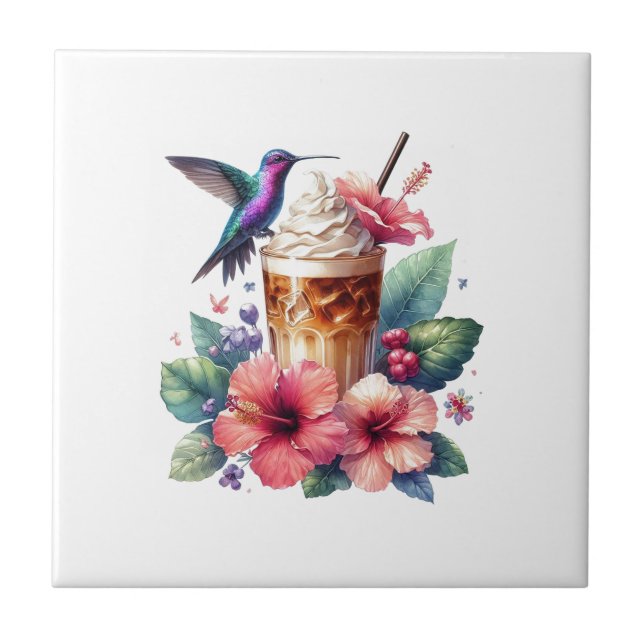 Azulejo Iced Coffee & Hummingbird Floral Art (Frente)