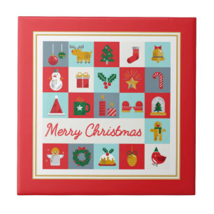 Azulejo Icono Retro de Feliz Navidad con Marco Rojo en Cua