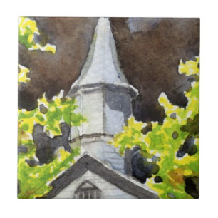 Azulejo Iglesia de campiña con tormenta oscura detrás