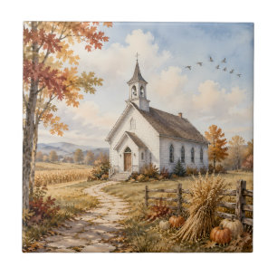 Azulejo Iglesia de campo de otoño Paisaje en acuarela