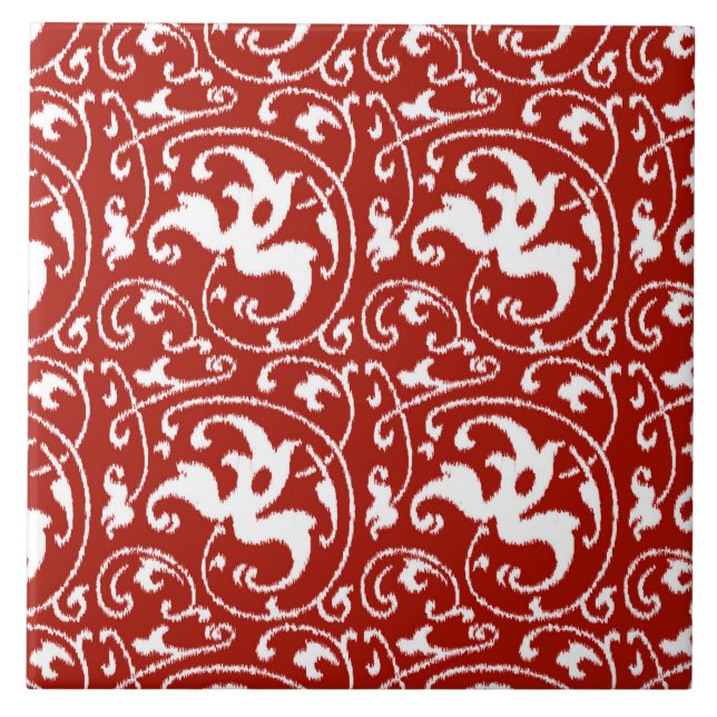 Azulejo Ikat Floral Damask - Blanco y rojo oscuro (Frente)