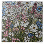 Azulejo Ilusión de vidrio manchado de flores silvestres<br><div class="desc">Flores silvestres brillantes de color rosa,  blanco y azul frente a un efecto de cristal de color iridiscente plateado.</div>