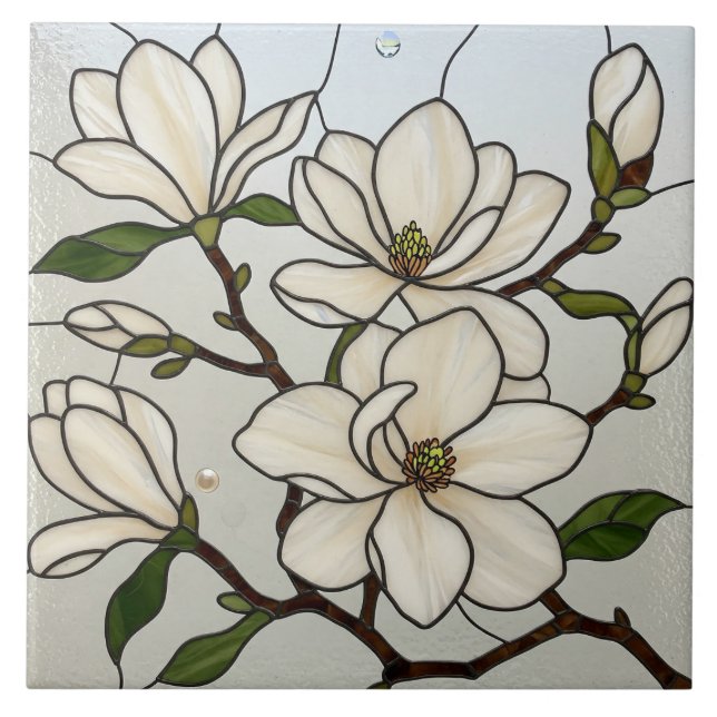 Azulejo Ilusión de vidrio manchado de magnolias blancas (Frente)