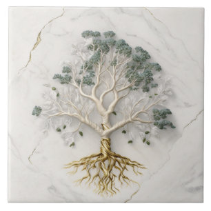 Azulejo Ilustración 3D del árbol de la vida en mármol blan