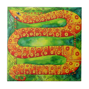 Azulejo Ilustracion acuarela de serpiente con patrones