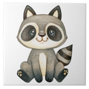 Azulejo Ilustración Adorable de Mapache Dibujada a Mano