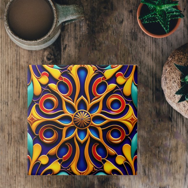 Azulejo Ilustracion Art Decó Floral Azul Retro (Subido por el creador)