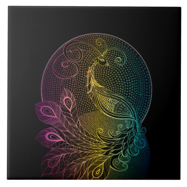 Azulejo Ilustracion Art Nouveau de pavo real de la mediano (Frente)