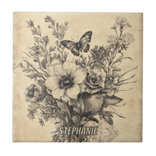 Azulejo Ilustración Botánica Antigua de Mariposa en Sepia
