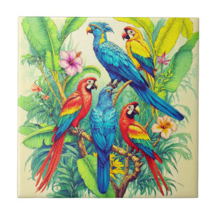 Azulejo Ilustración Botánica de Aves Tropicales
