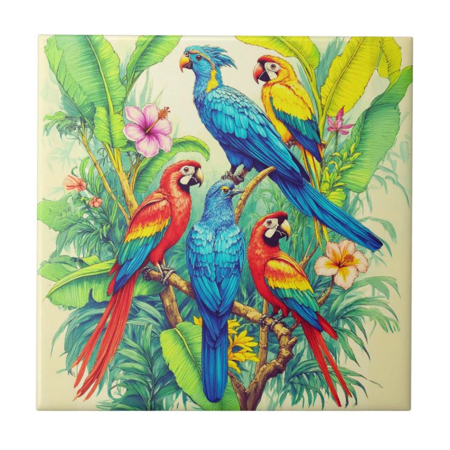 Azulejo Ilustración Botánica de Aves Tropicales (Frente)