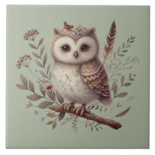 Azulejo Ilustración botánica de búho caprichoso del bosque