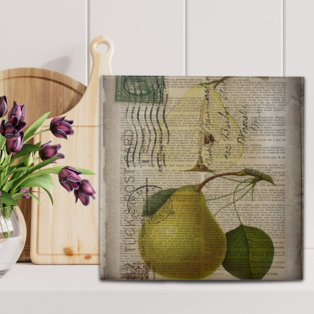 Azulejo ilustracion botánico francés pera vintage (french country botanical illustration vintage pear ceramic tile)