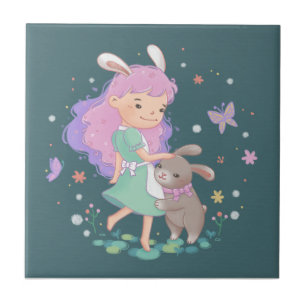 Azulejo Ilustracion Chica de conejo de primavera