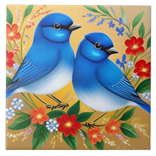 Azulejo Ilustración Colorida de Dos Pájaros Azules