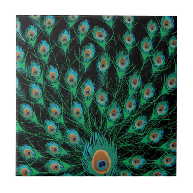 Azulejo Ilustracion con las plumas del pavo real en negro (Frente)