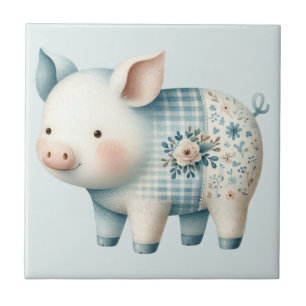 Azulejo Ilustración Cottagecore de Cerdo con Parche Azul