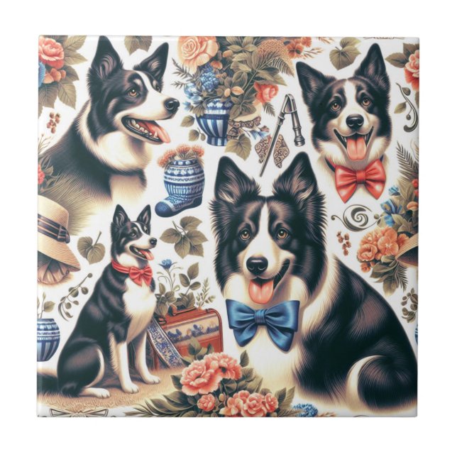 Azulejo Ilustracion Cute Vintage Border Collie (Frente)