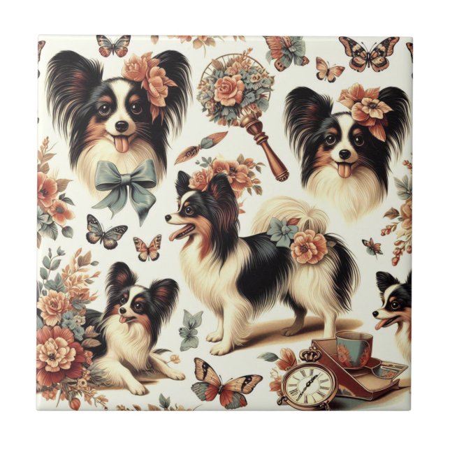 Azulejo Ilustracion Cute Vintage Papillon Dog (Frente)