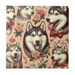 Azulejo Ilustracion Cute Vintage Siberian Husky