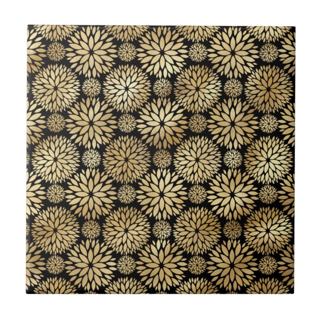 Azulejo Ilustracion Dahlia de oro negro moderno (Frente)