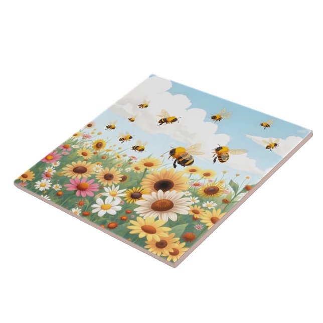 Azulejo Ilustración de abejas y flores lindas (Lado)