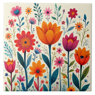 Azulejo Ilustración de arte de flores coloridas,