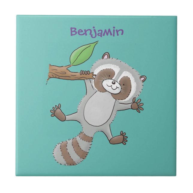 Azulejo Ilustracion de bebé de raccoon feliz lindo (Frente)