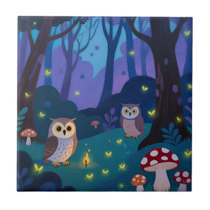 Azulejo Ilustración de Búhos del Bosque Nocturno
