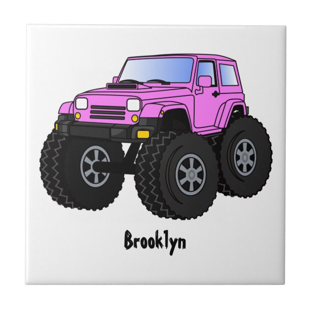 Azulejo Ilustración de camión monstruo rosa de dibujos ani (Frente)